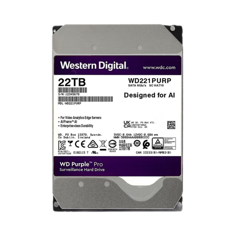 WD221PURP西数22TB SATA Purple PRO监控AI录像机硬盘
